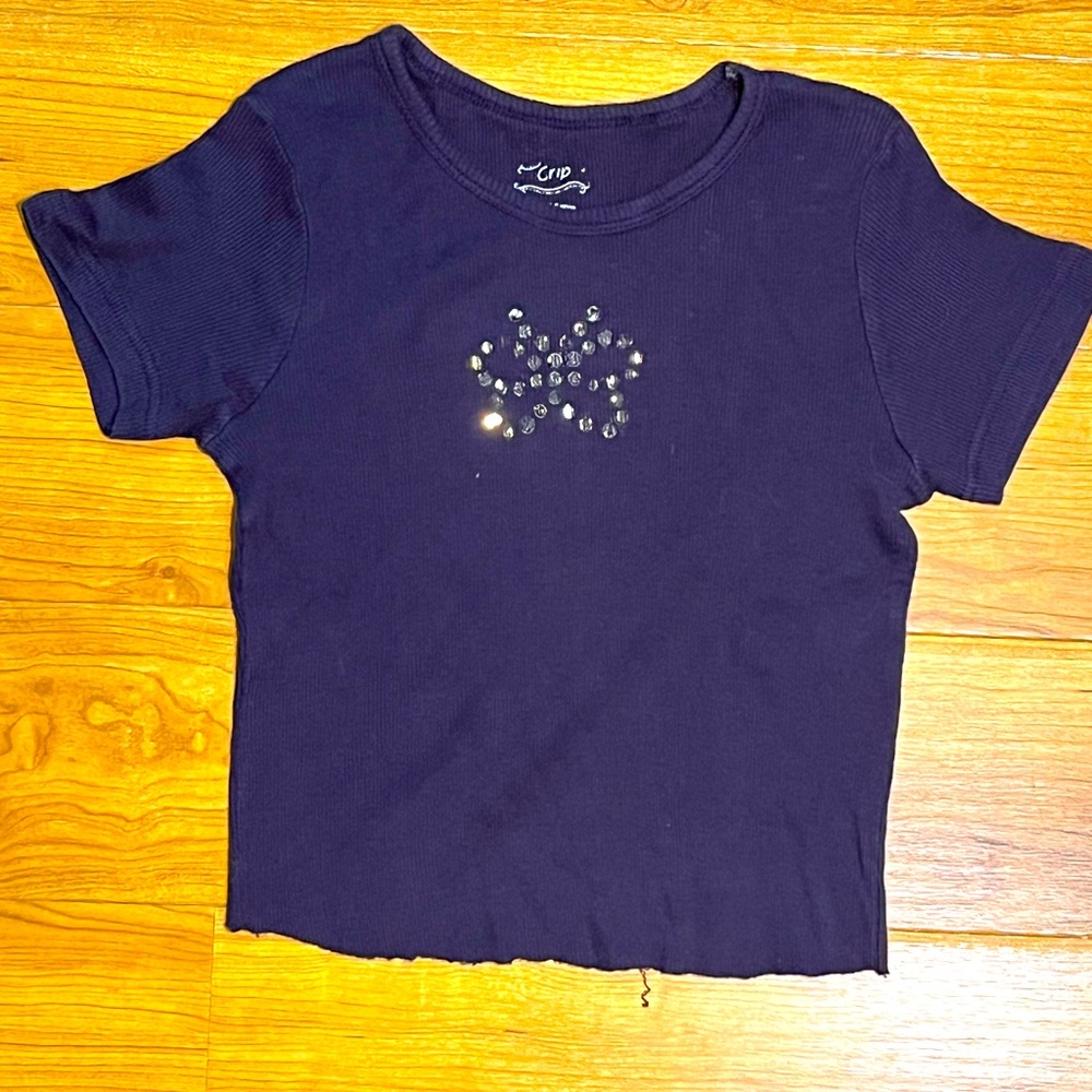 Grip Bejeweled Butterfly Cropped Tee Shirt - Large